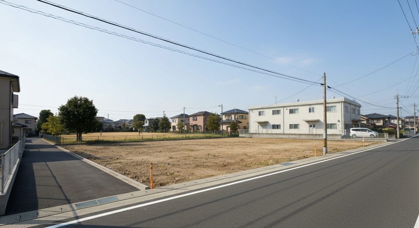 恵那市の住宅街にある空き地。隣には公園があり、周辺施設の確認の重要性を示している。
