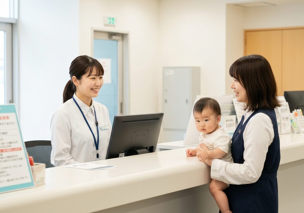 土岐市役所で子育て支援制度の相談をする母親と赤ちゃん