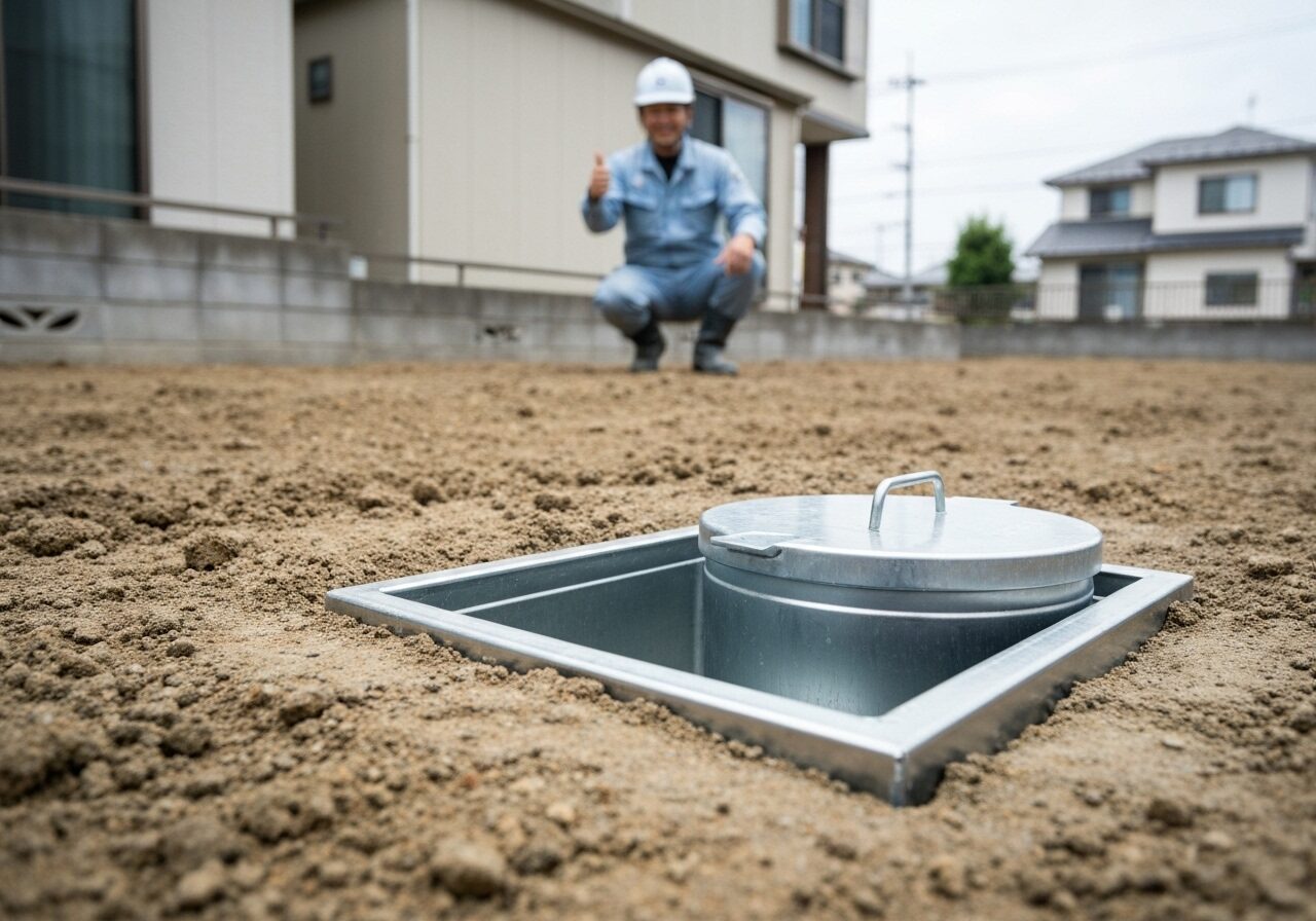 敷地内に引き込み工事が完了した上下水道の設備。インフラ整備が終わっていることを示している。