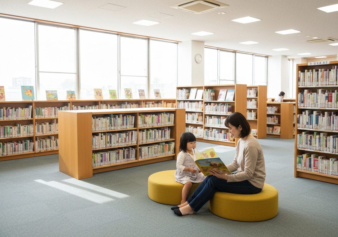 可児市立図書館の明るい児童書コーナーで、子供に絵本を読み聞かせる母親。子育て世代に人気の施設の象徴。