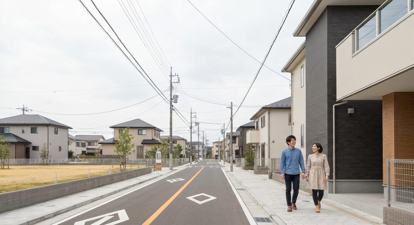 中津川市の整備された市街地エリアの街並み。新しい住宅が並び、利便性の高さを感じさせる。