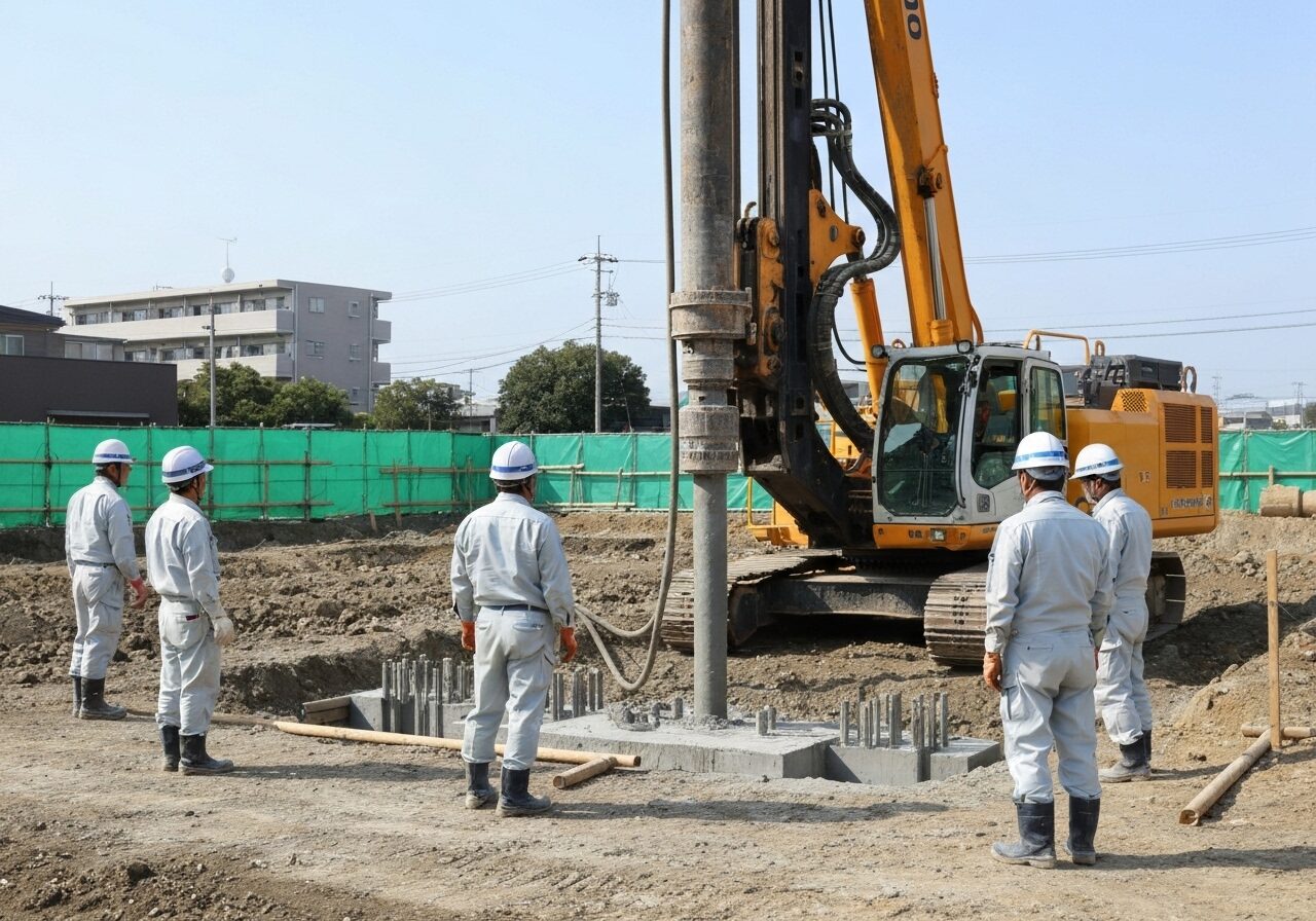 住宅の基礎を支えるための地盤改良工事(柱状改良)の施工現場