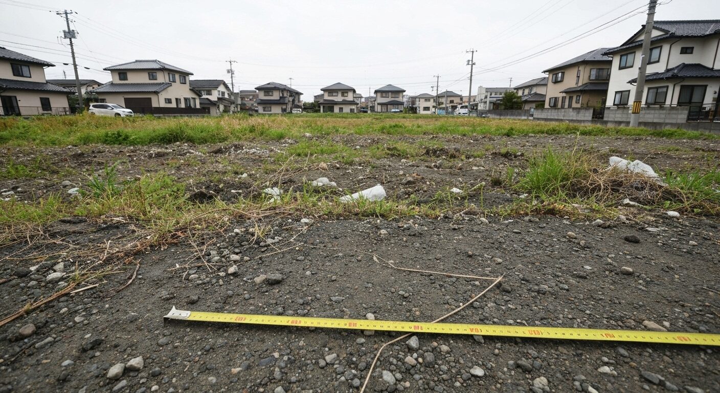 雑草が生い茂り、整地されていない土地。造成工事やインフラ整備などの「見えないコスト」のリスクを象徴している。