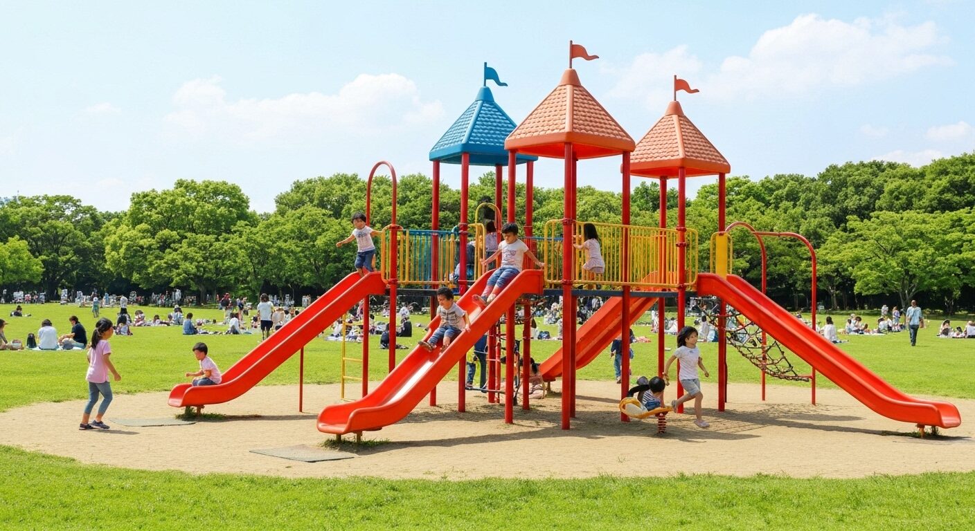 ときがわの森の大型遊具で元気に遊ぶ子どもたち