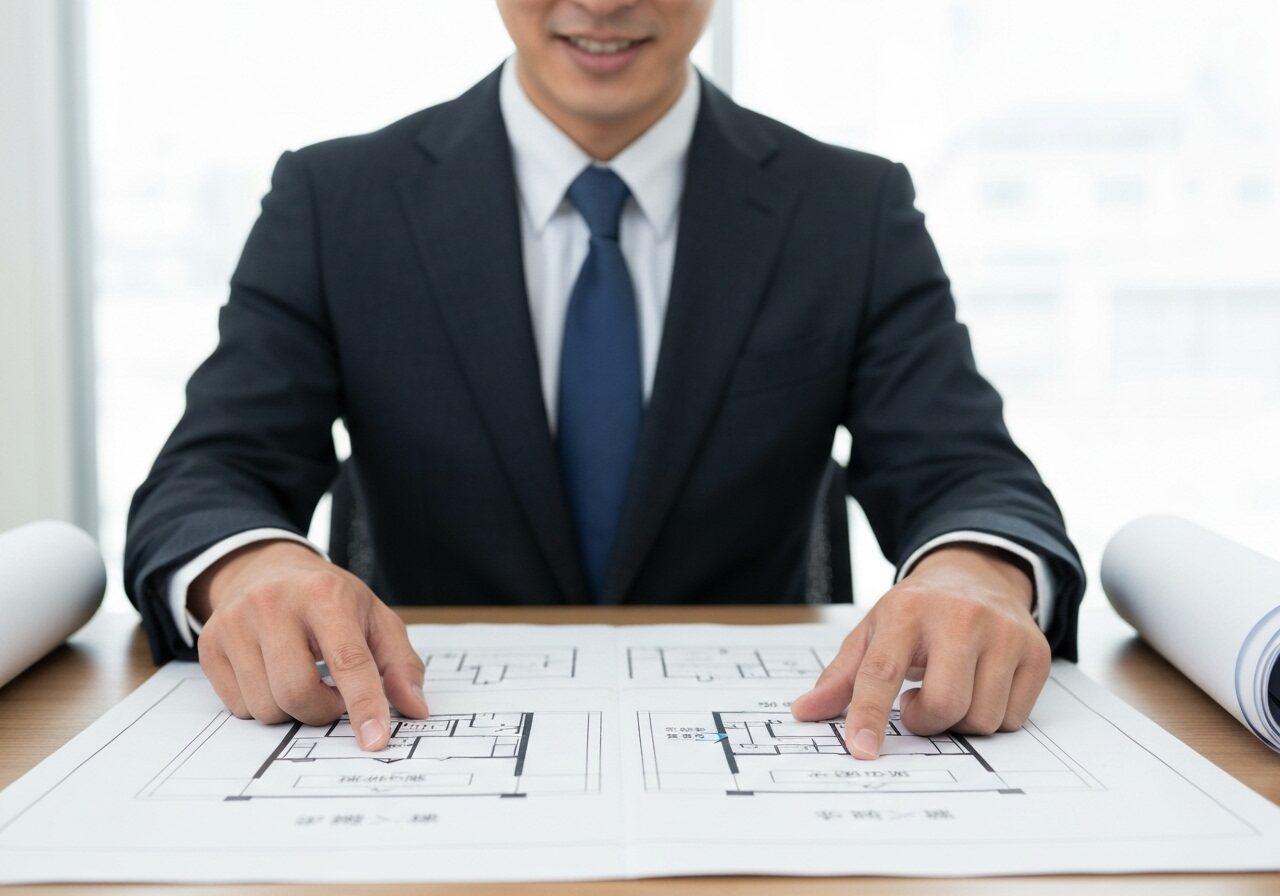 専門家が建ぺい率と容積率の図を指し示しながら、土地の法的制限について解説している様子。