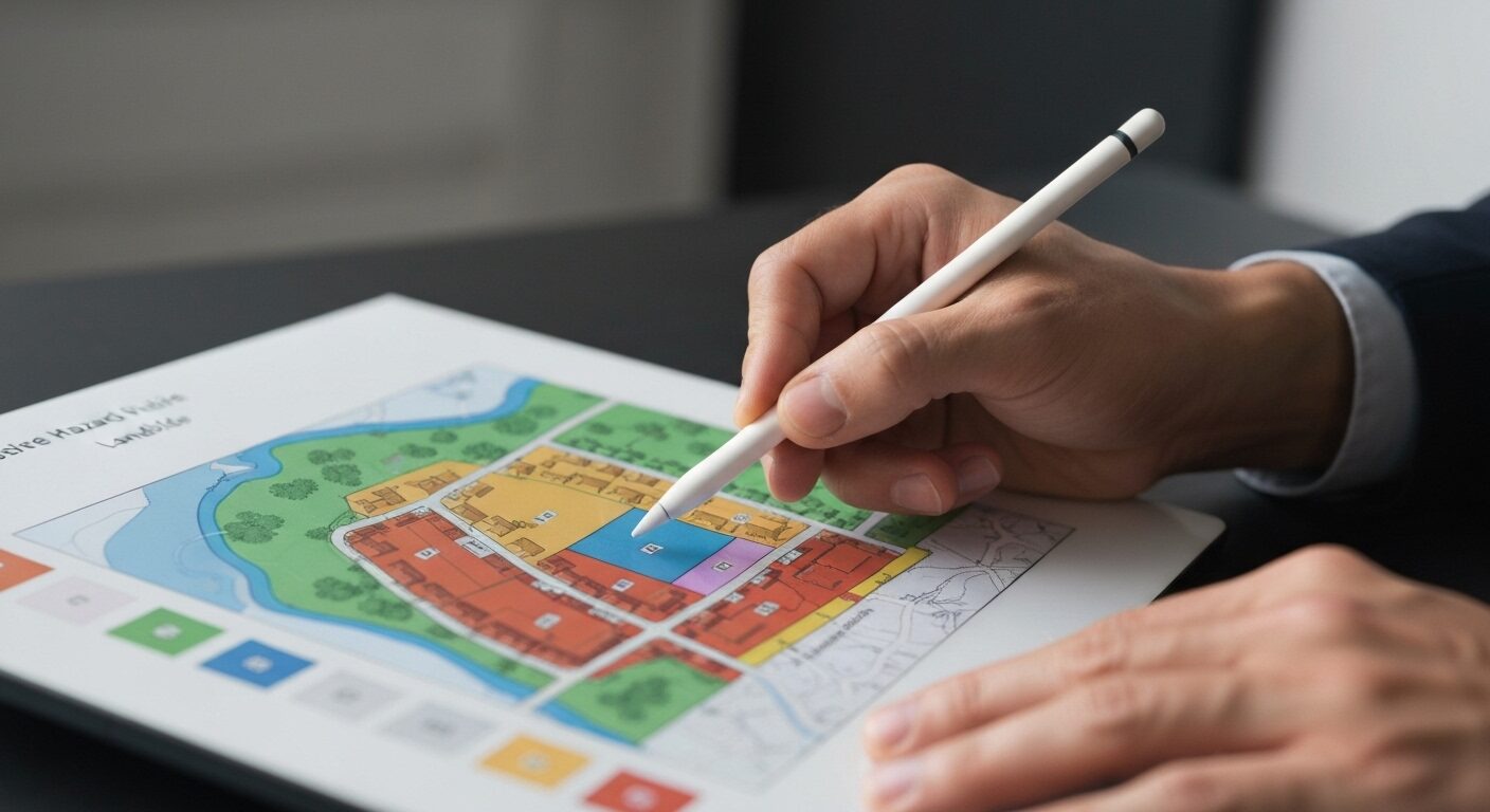 タブレットで住宅地のハザードマップを確認し、土地の安全性を真剣に調査している様子。