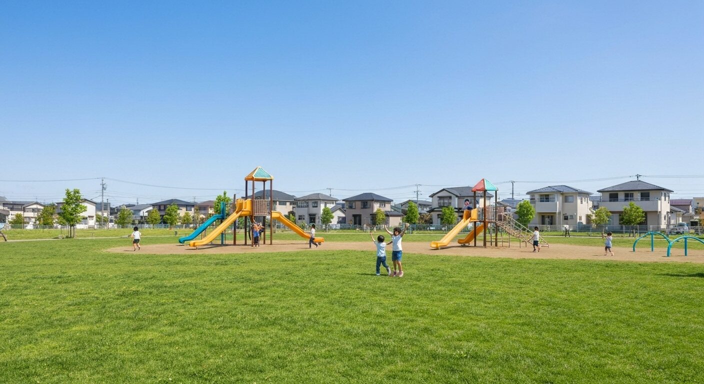 広々とした公園で元気に遊ぶ子供たちと、背景に広がる可児市の閑静な住宅街。子育てに最適な環境を示す。
