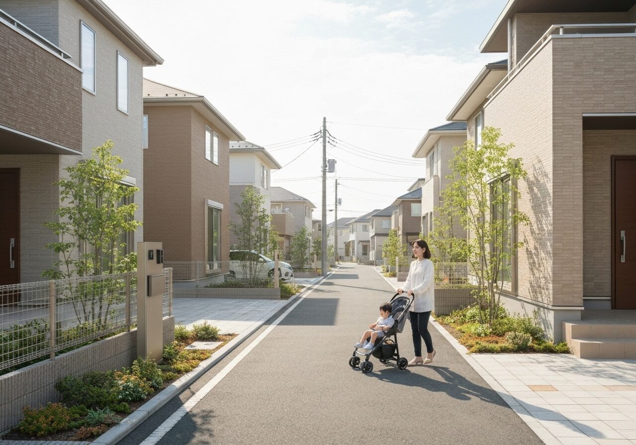 土岐市の閑静な住宅街をベビーカーを押しながら散歩する親子