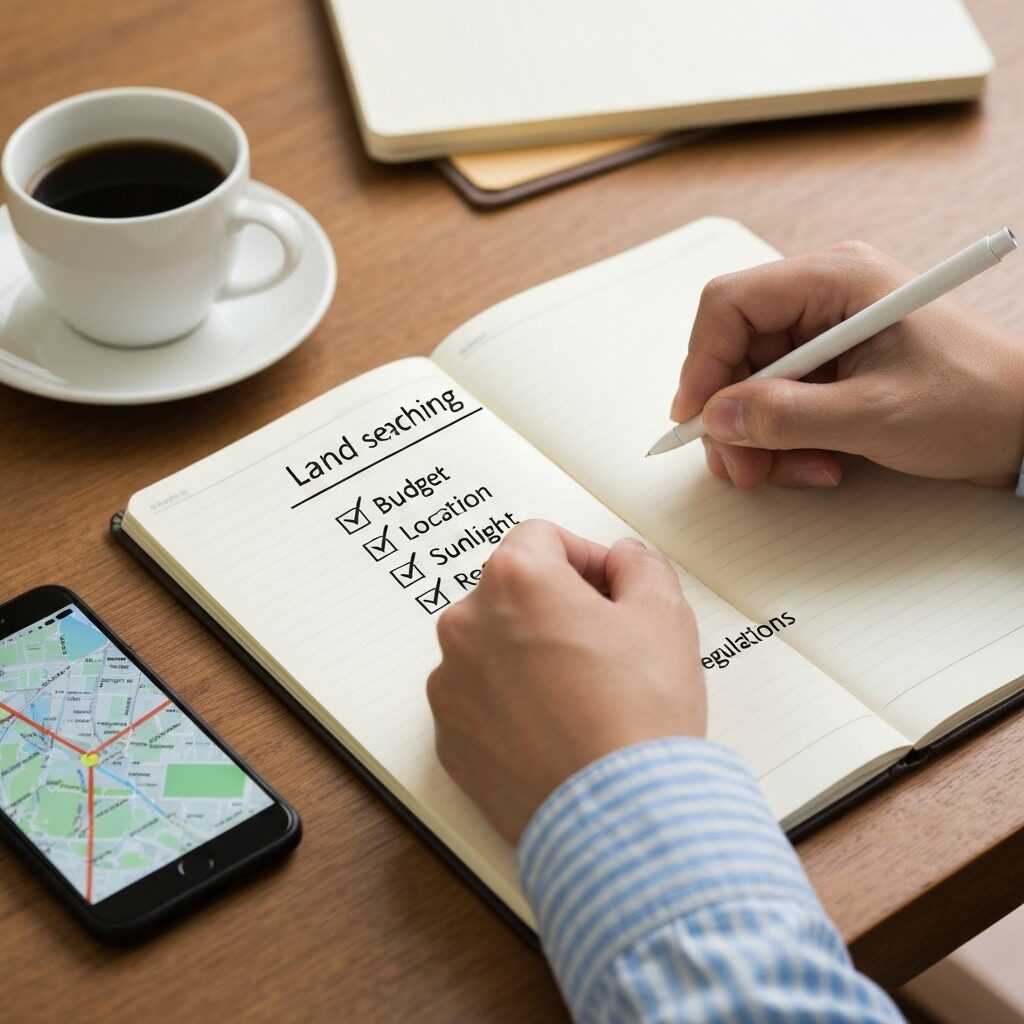 ノートに土地探しの希望条件を書き出している様子。理想の暮らしを整理するステップ1を象徴する画像。
