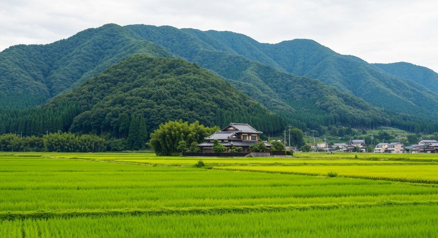 中津川市の郊外エリアに広がる美しい田園風景と山々。自然豊かな環境での暮らしをイメージさせる。