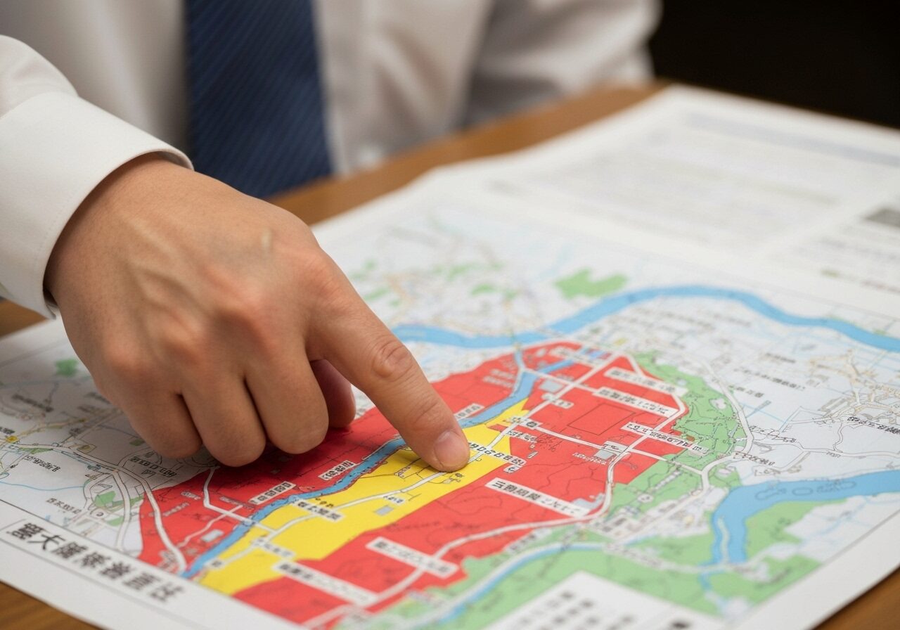 土地購入のリスクを確認するため、ハザードマップを指差して確認している様子