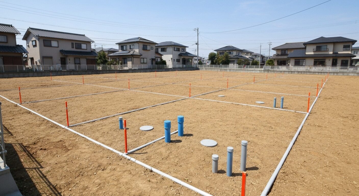 造成、上下水道引込、境界確定がすべて完了したアイモクの「カンタク（完成宅地）」。すぐに家を建てられる安心感を示している。