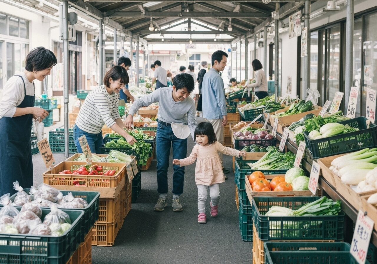 道の駅 志野・織部で地元の新鮮な野菜を選ぶ親子