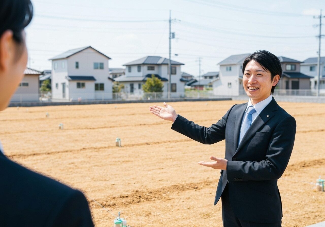 造成済みの「完成宅地」で、そのメリットを説明する愛岐木材住建の専門スタッフ。