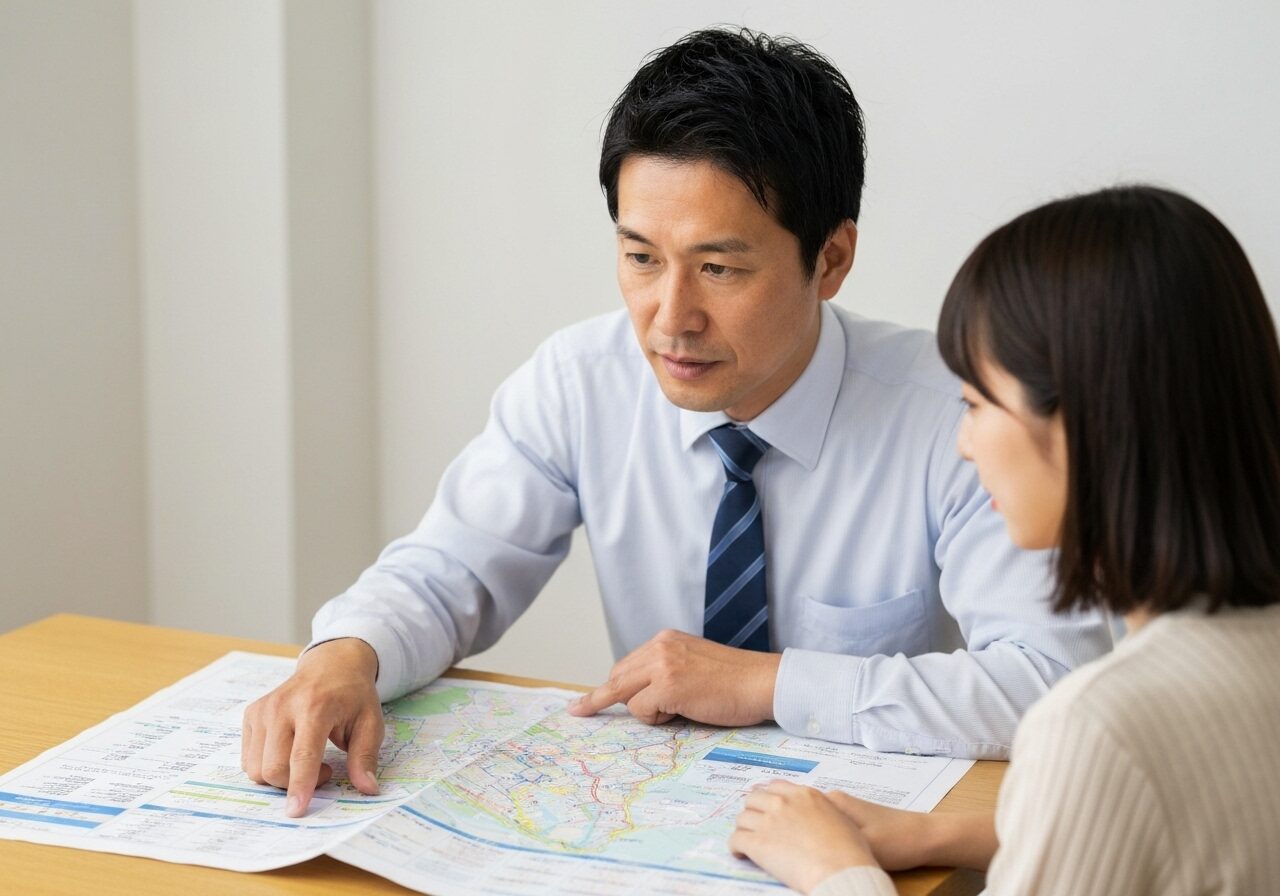 可児市のハザードマップを指差しながら、土地の安全性について顧客に説明する不動産の専門家。