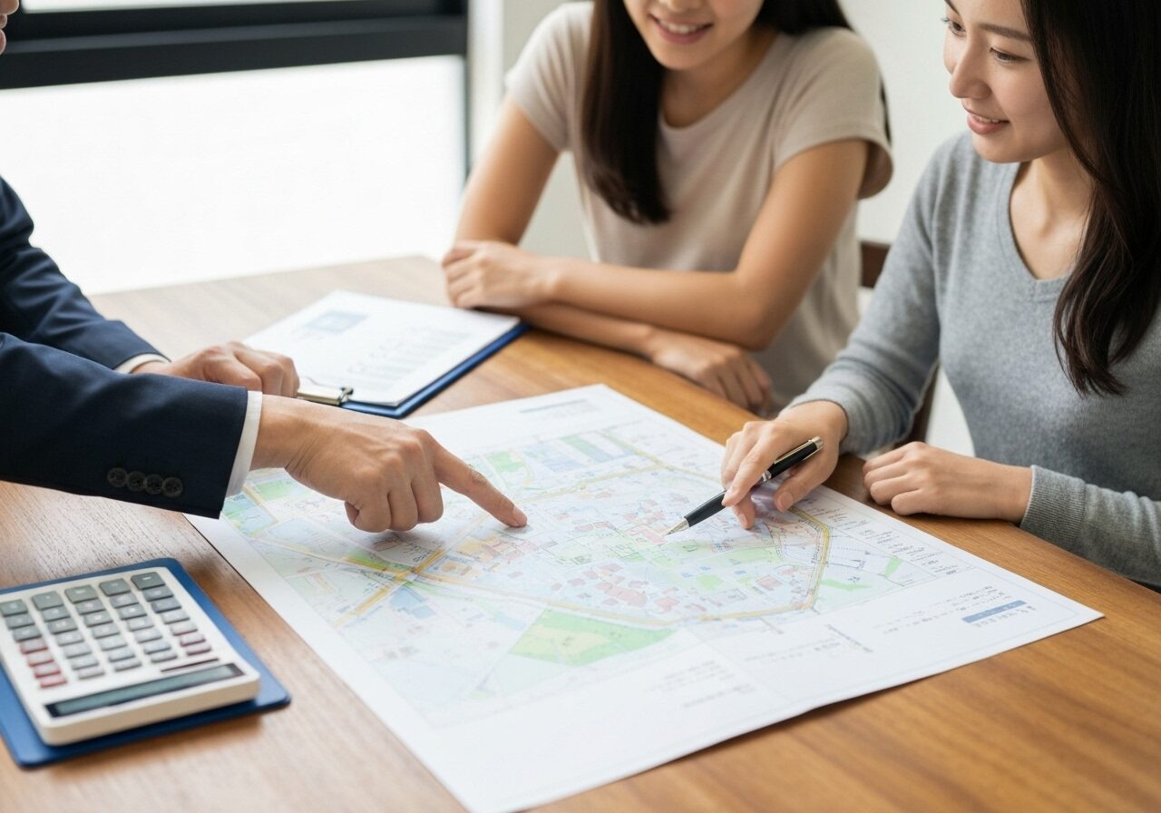 土地の図面を見ながら専門家から土地選びのチェックポイントについて説明を受ける夫婦