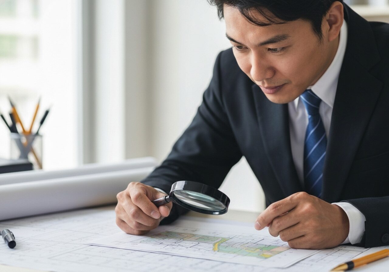 専門家が虫眼鏡を使って土地の法規制に関する書類を真剣に確認している。専門家による調査の重要性を示す写真。