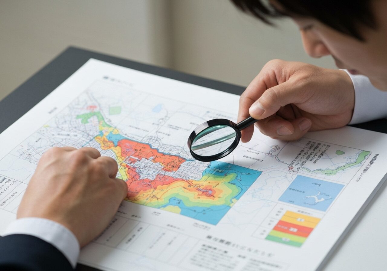 虫眼鏡を使って中津川市のハザードマップを真剣に確認している様子。土地の安全性を確認する重要性を示している。