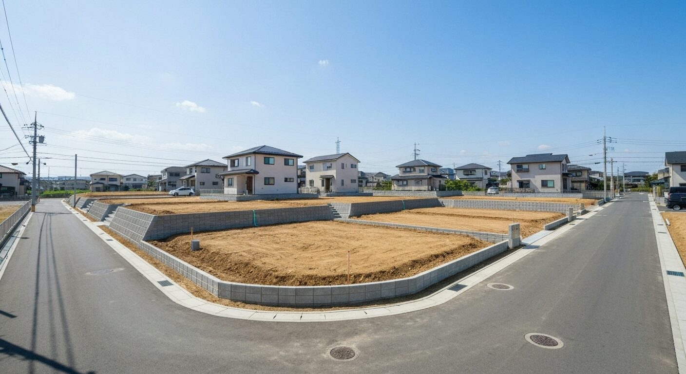 インフラが整備され、すぐに家を建てられる状態の「完成宅地」が並ぶ分譲地