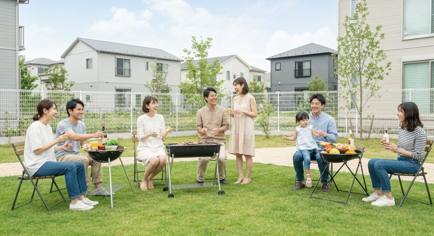 新しい分譲地のコミュニティスペースでBBQを楽しむ複数の家族。分譲地ならではの良好なコミュニティを表現。