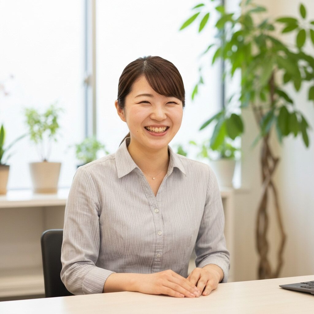 愛岐木材住建のオフィスで笑顔でお客様を迎える女性スタッフ