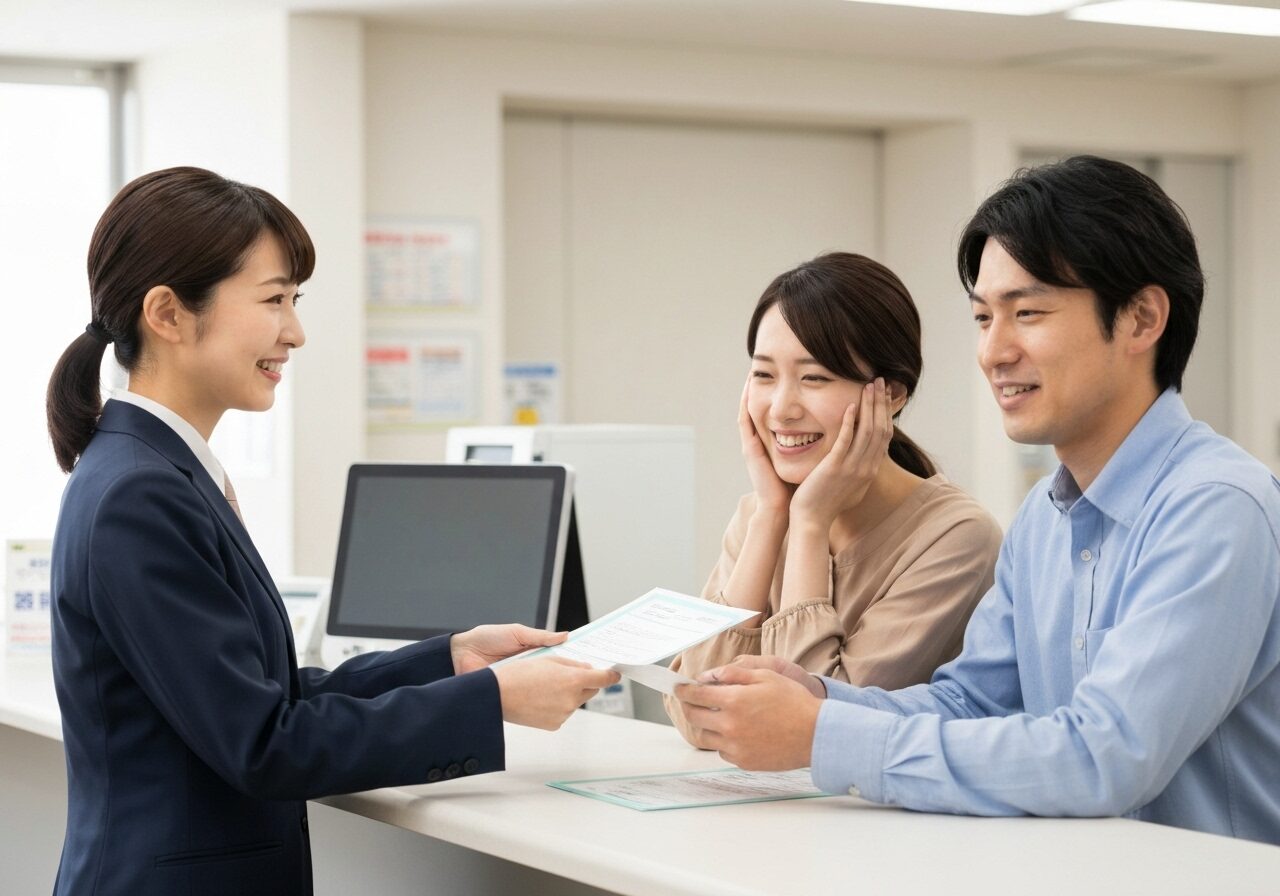 市役所の窓口で移住支援制度の書類を受け取り、安堵の表情を浮かべる若い夫婦。