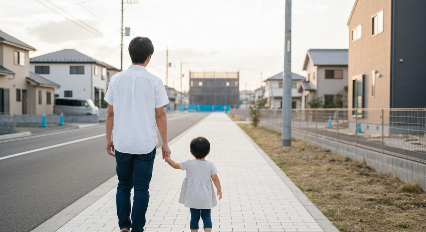 安全な通学路を歩きながら自分たちの未来の家を見つめる親子