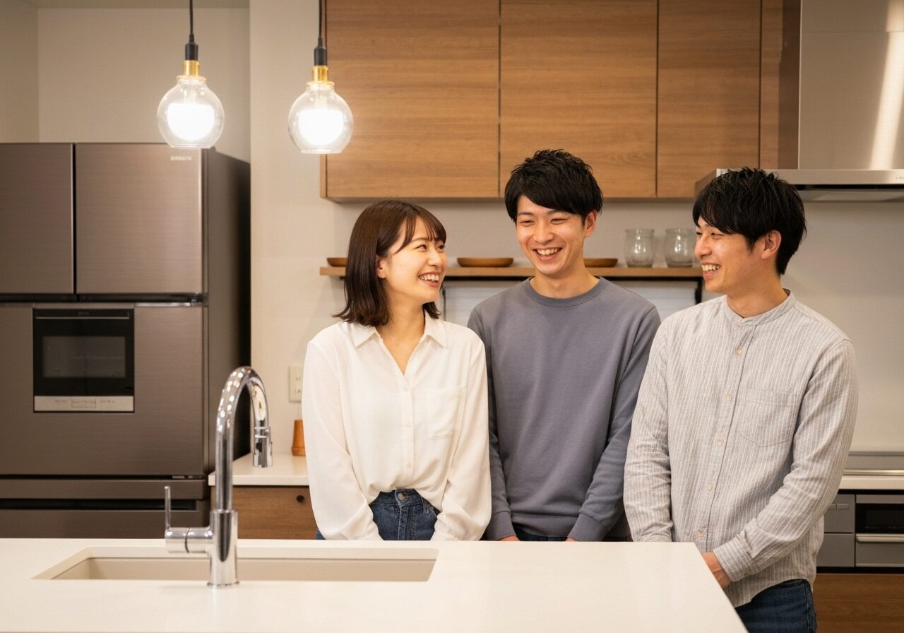 グレードアップしたお洒落なキッチンで微笑みあう若い夫婦。土地購入で浮いた費用を理想の家づくりに充てた様子。