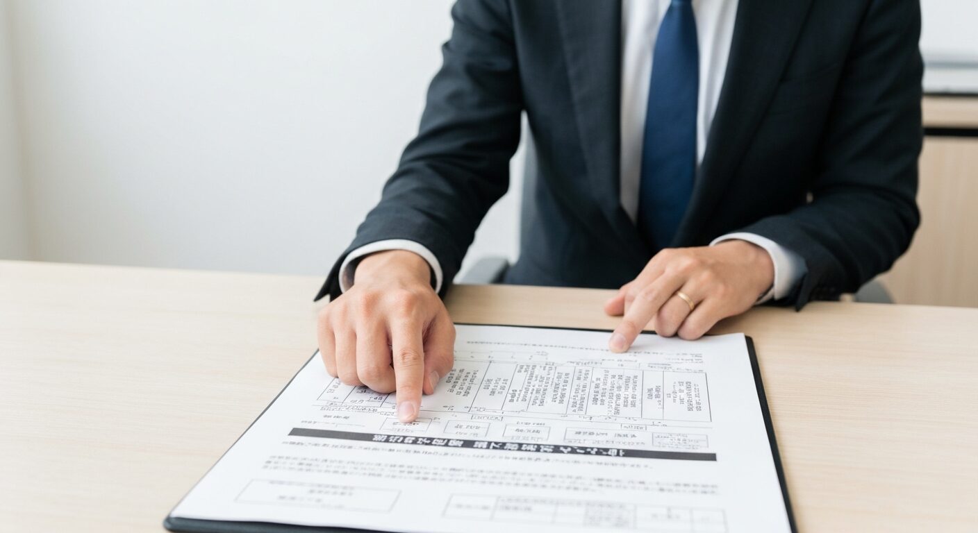 建築の専門家が、中津川市の建築制限に関する書類を指差して確認している様子。プロによる調査の重要性を示している。