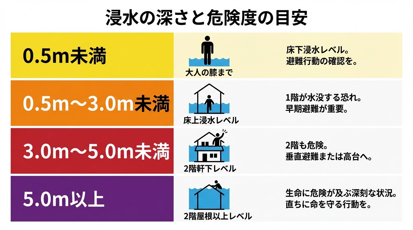 洪水ハザードマップの色分けによる浸水深と危険度の目安を示した図解