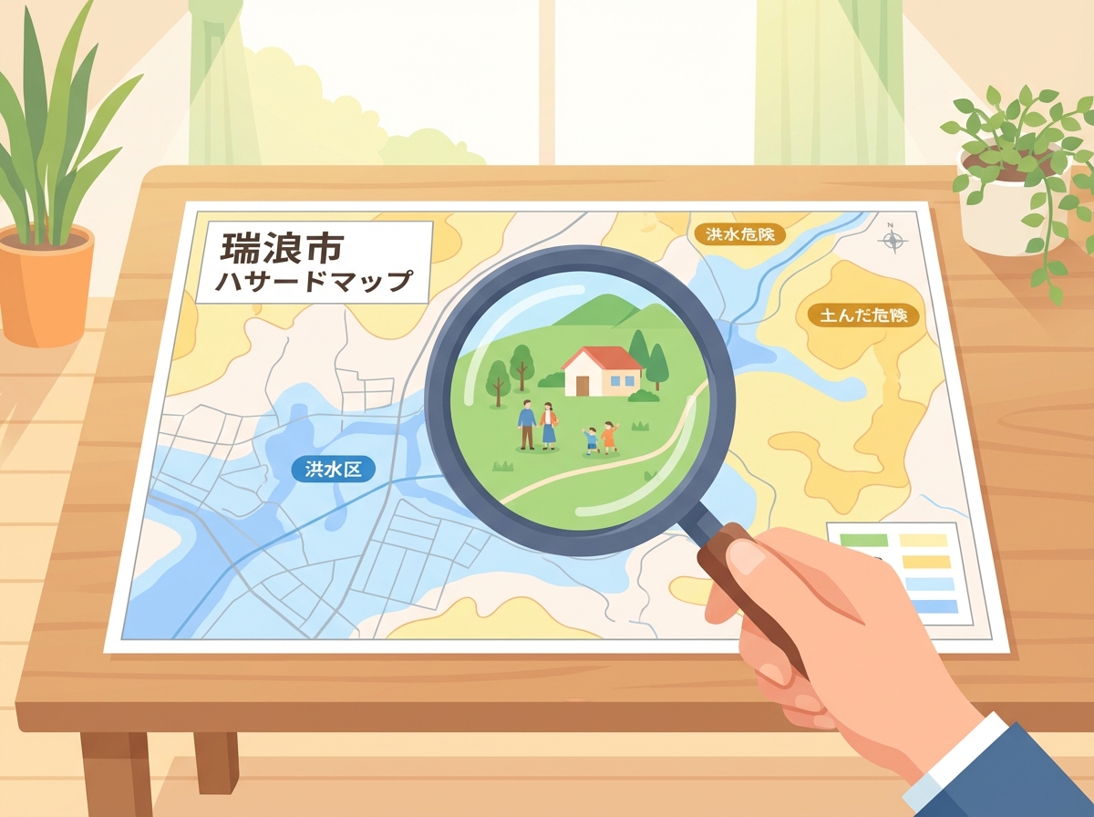 ハザードマップで検討中の土地の災害リスクを確認しているイラスト