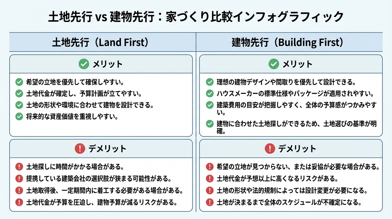 土地先行と建物先行のメリット・デメリットを比較した表。それぞれの長所と短所が分かりやすくまとめられている。