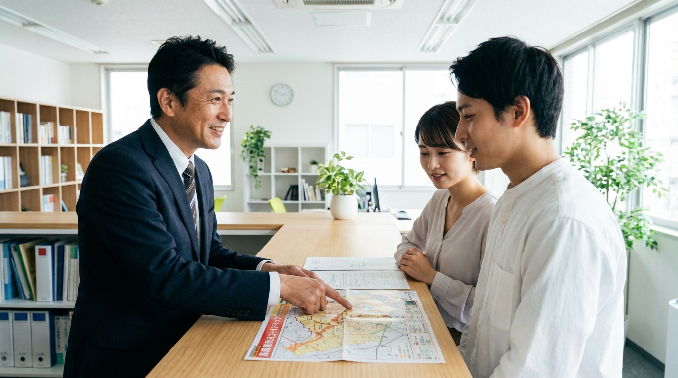 土地の災害リスクについて専門家に相談し、アドバイスを受ける夫婦