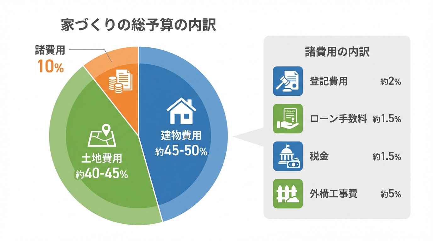 家づくりの総予算の内訳を示す円グラフ。建物費用、土地費用に加えて、見落としがちな諸費用が含まれていることを示している。