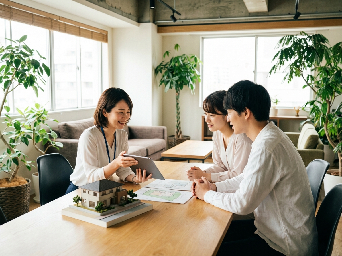 不動産と建築の専門家が、若い夫婦に土地と建物の両方を考慮したワンストップの提案をしている相談風景。