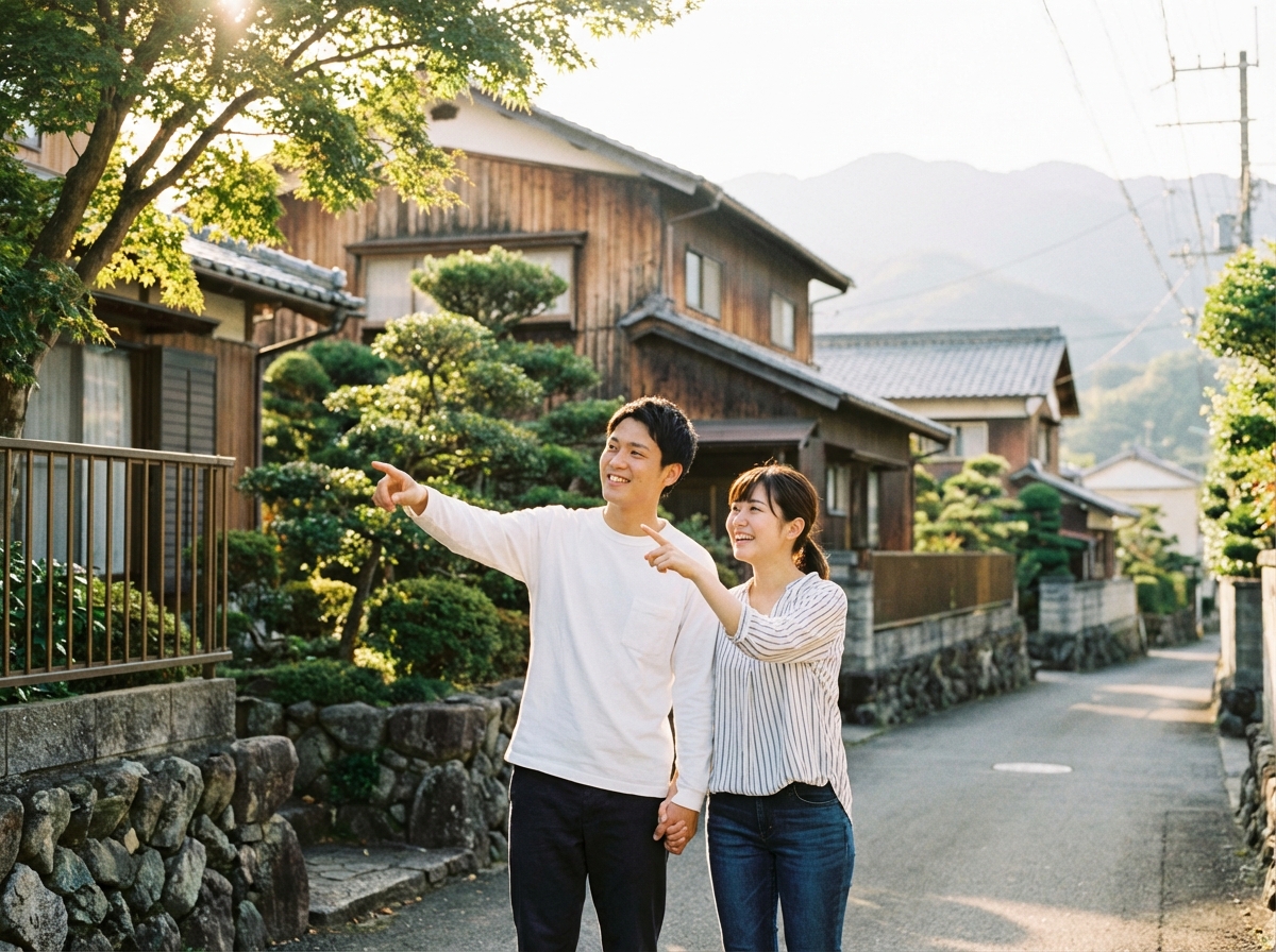 恵那市の良好な住環境の中を、若い夫婦が笑顔で歩いている写真。土地選びにおける住環境の重要性を示している。
