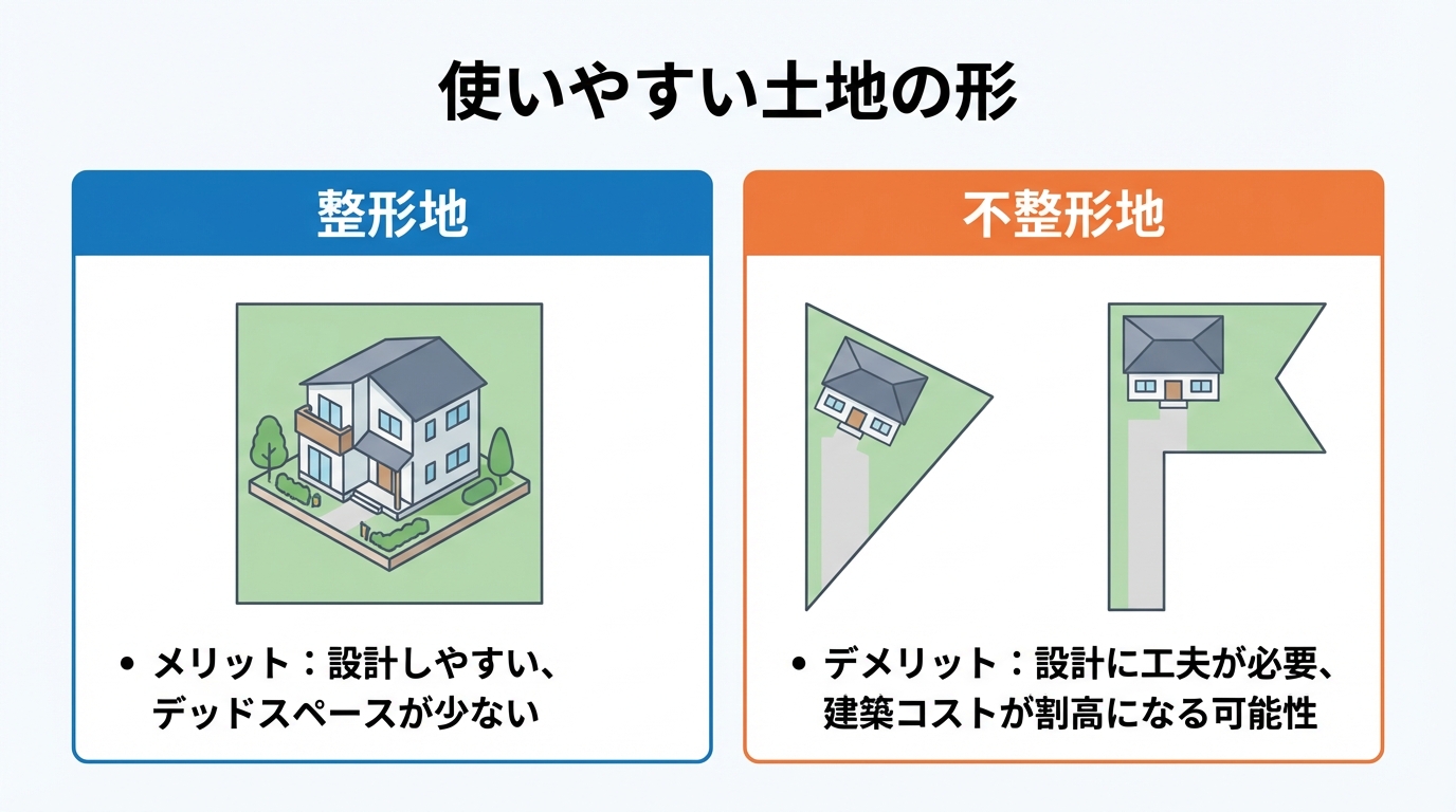 整形地と不整形地のメリット・デメリットをイラストで比較した図解。土地の形状が資産価値に与える影響を説明している。