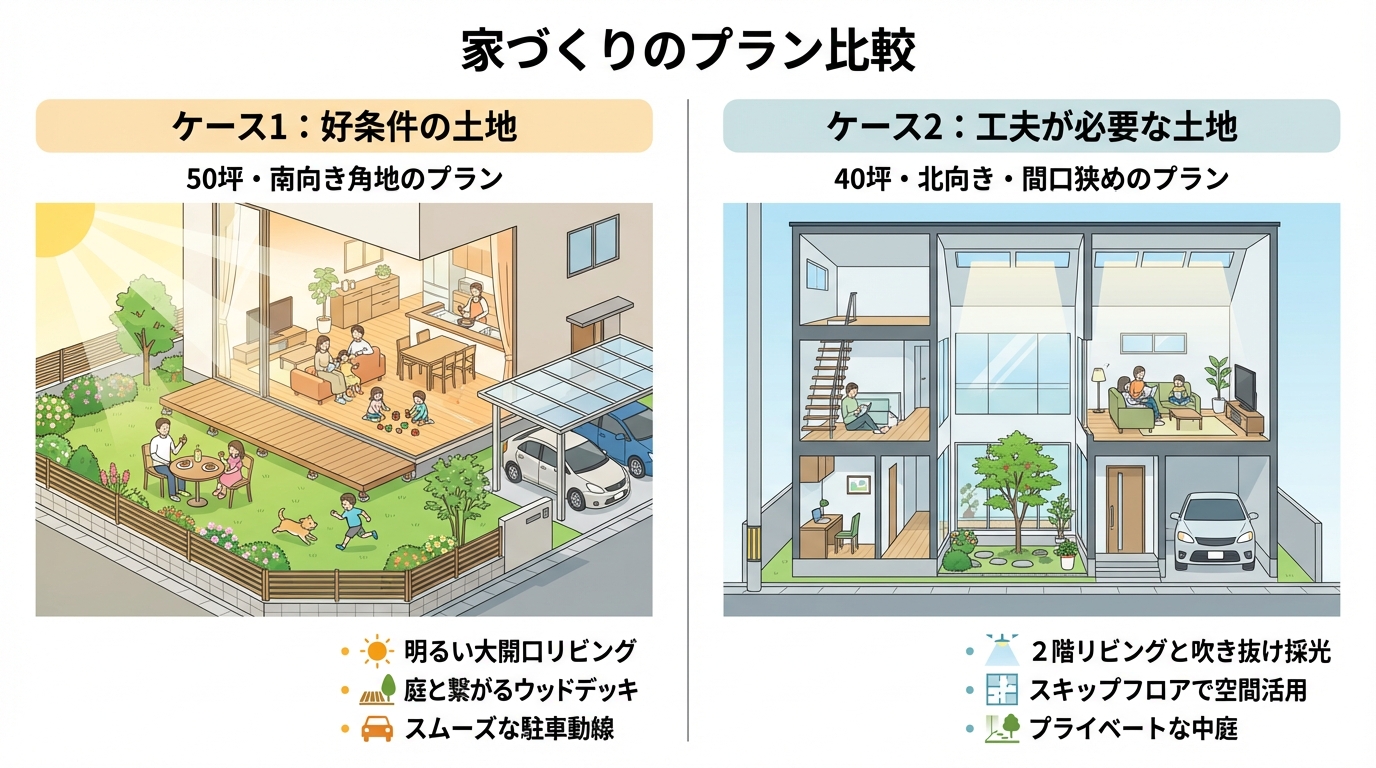 南向き角地と北向き狭小地、それぞれの土地の特性を活かした家づくりプランの比較図解。好条件を活かすプランと、工夫で個性を引き出すプランの違いがわかる。
