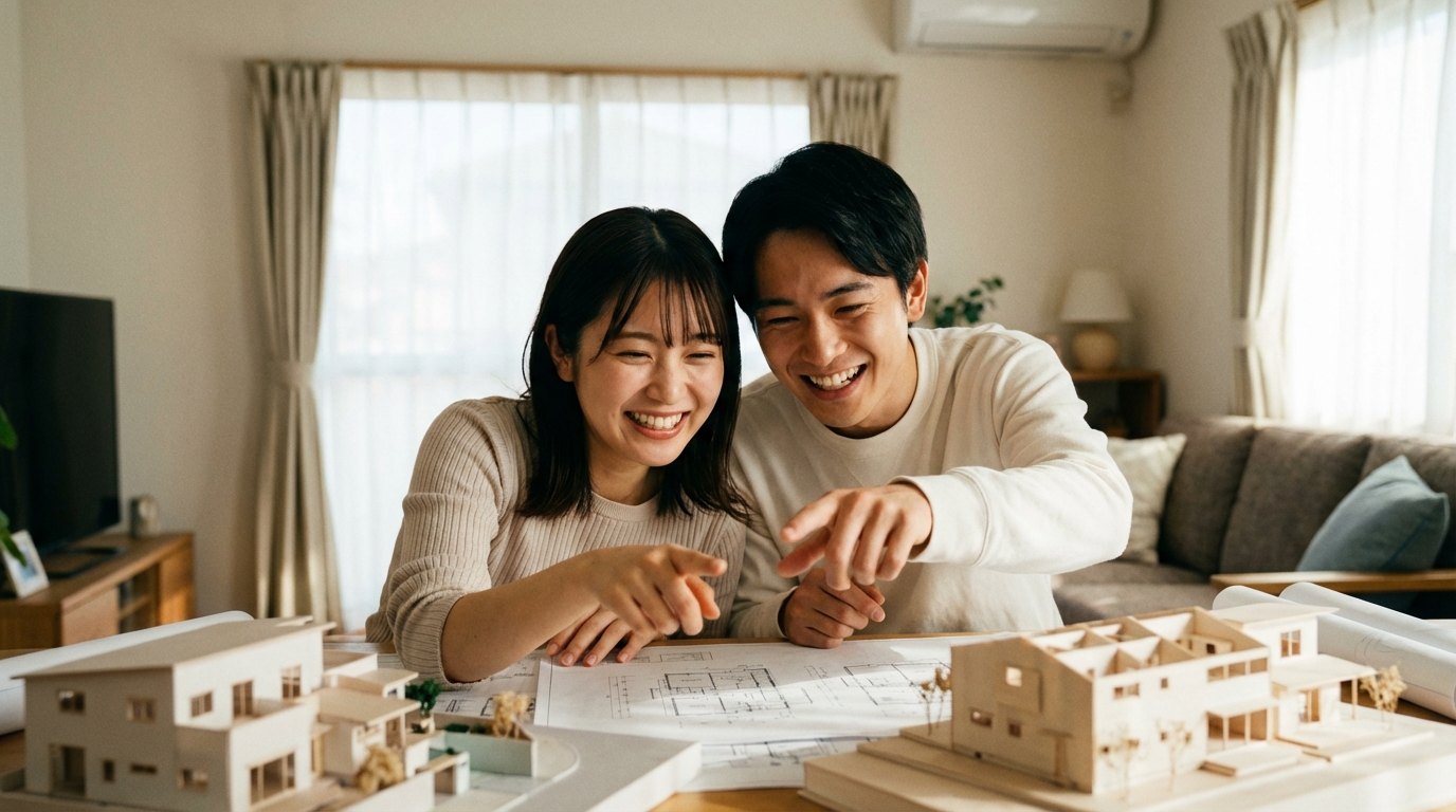 マイホーム計画を立てる夫婦が、住宅模型と図面を前に笑顔で話し合っている様子。土地探しの第一歩を象徴している。