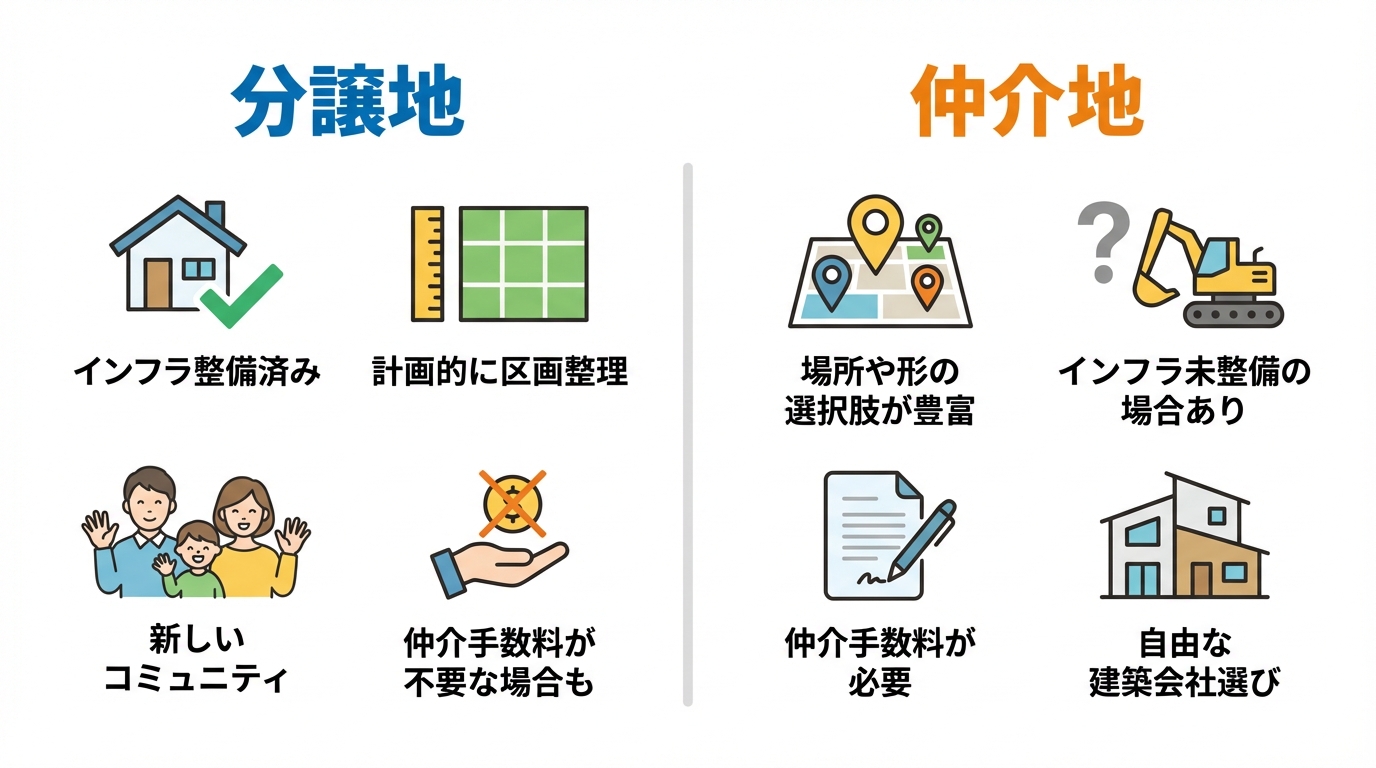 分譲地と仲介地の違いを比較した図解。分譲地はインフラ整備済みで計画的、仲介地は選択肢が豊富だが追加費用がかかる場合があることを示している。