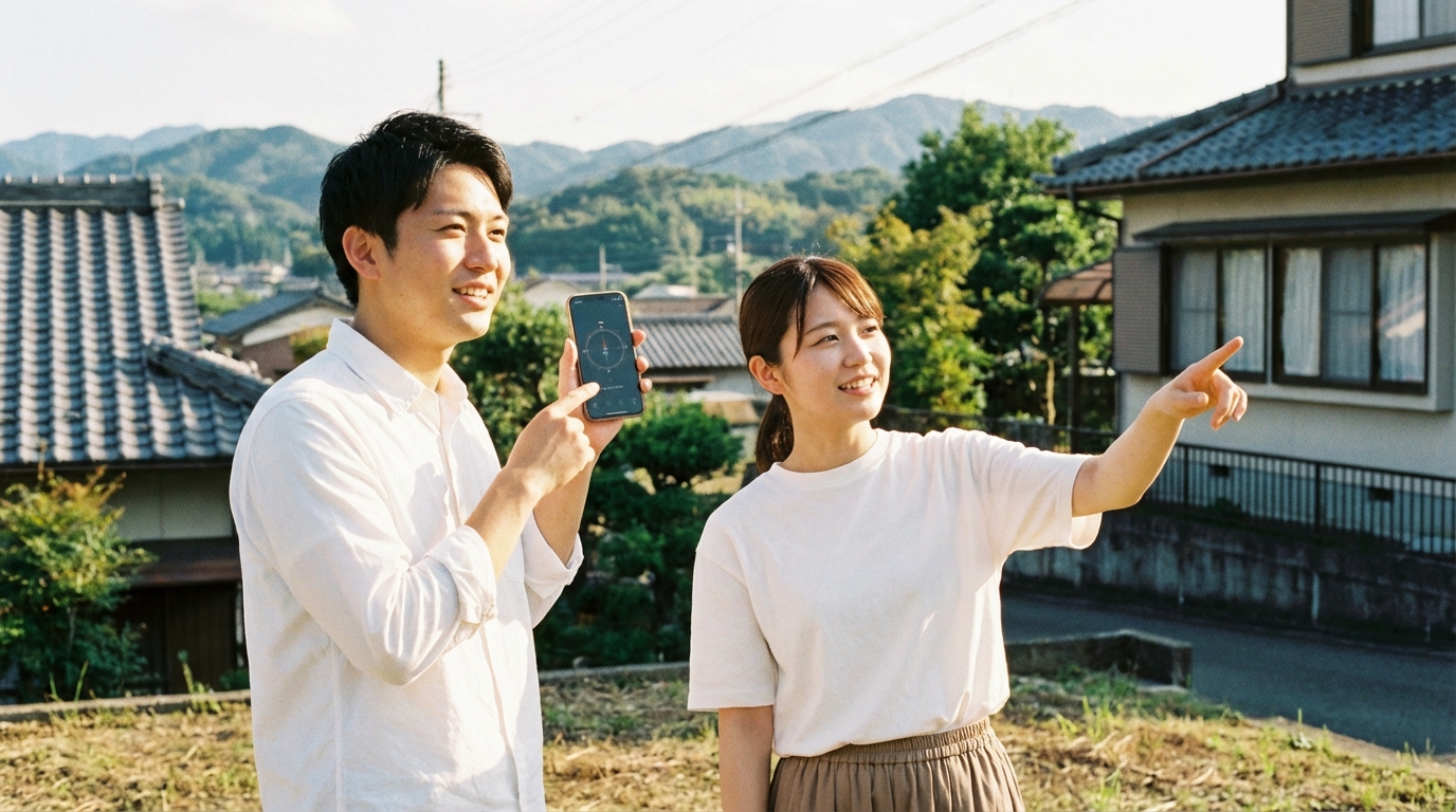 若い夫婦が購入した土地に立ち、スマートフォンのアプリで方角を確認したり、隣家の窓の位置をチェックしたりして、家づくりの計画を立てている様子。