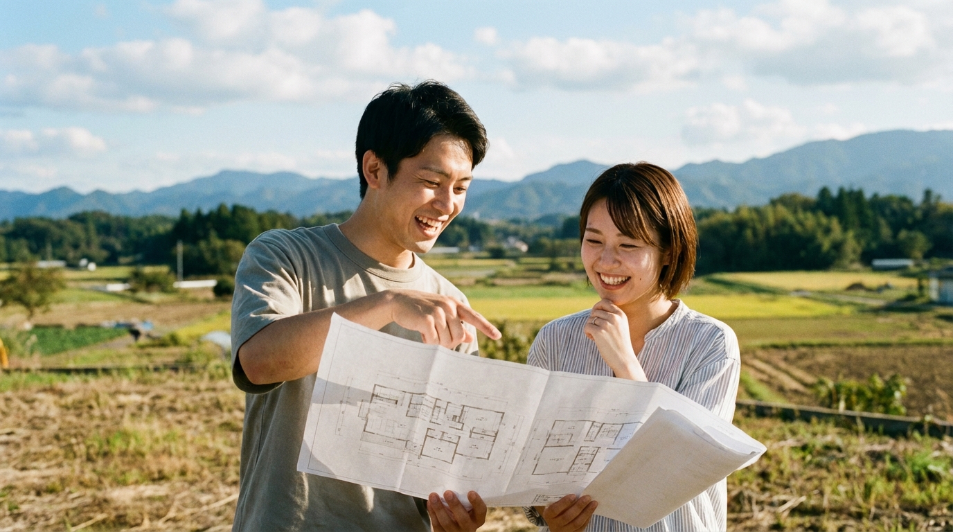 可児市の土地で、マイホームの計画を笑顔で話し合う若い夫婦。土地探しの成功をイメージさせる。