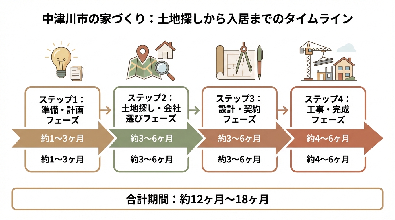 中津川市の家づくりスケジュールを示したタイムライン図解。準備・計画(1〜3ヶ月)、土地・会社探し(3〜6ヶ月)、設計・契約(3〜6ヶ月)、工事・完成(4〜6ヶ月)の4ステップで、合計約12〜18ヶ月かかることが示されている。