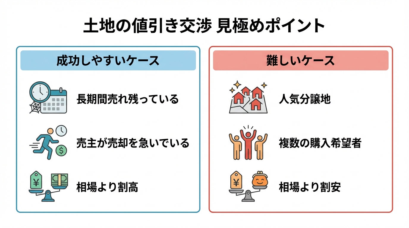 土地の値引き交渉が成功しやすいケース(長期売れ残り、売主が急ぐ、割高)と難しいケース(人気物件、競合あり、割安)を比較した図解。