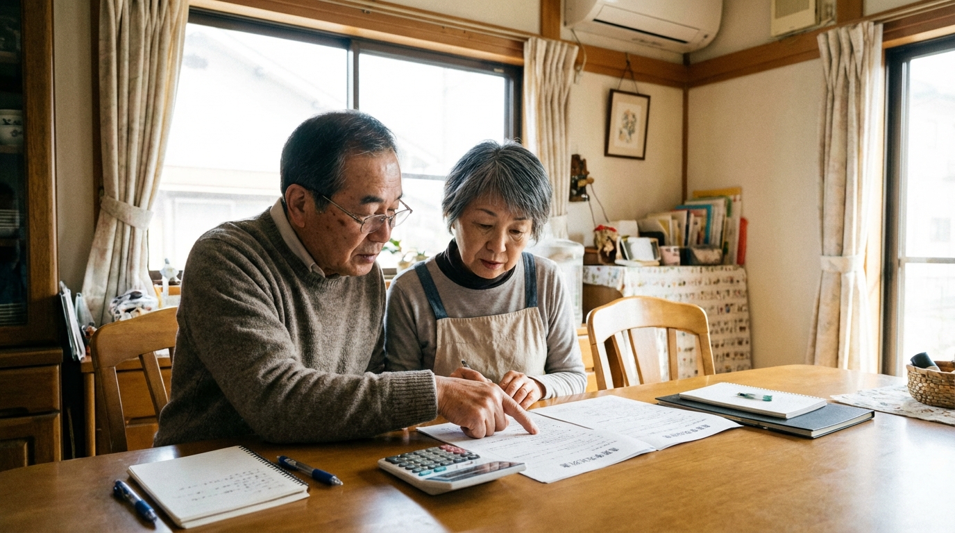 重要事項説明書の権利関係の項目を真剣な表情で確認している夫婦。