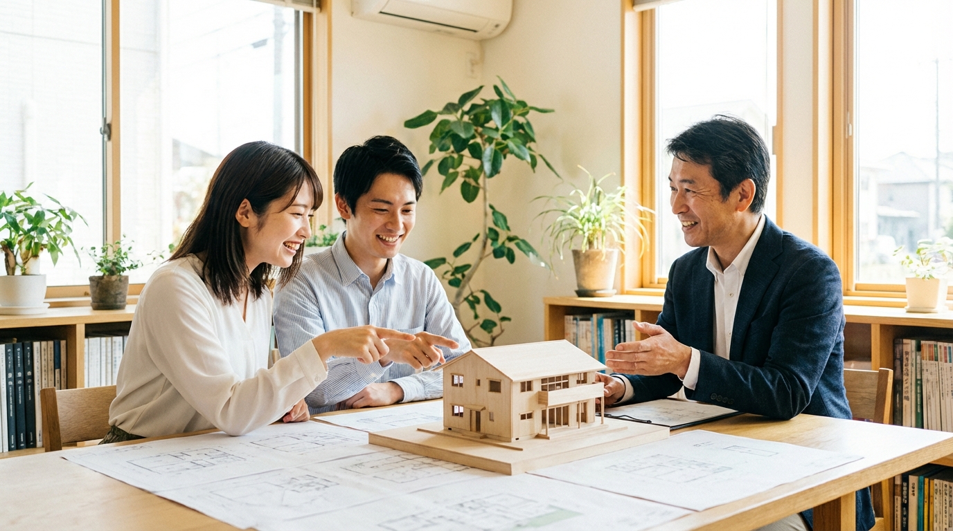 家づくりの打ち合わせ風景。若い夫婦が建築家と家の模型を見ながら楽しそうに話している。