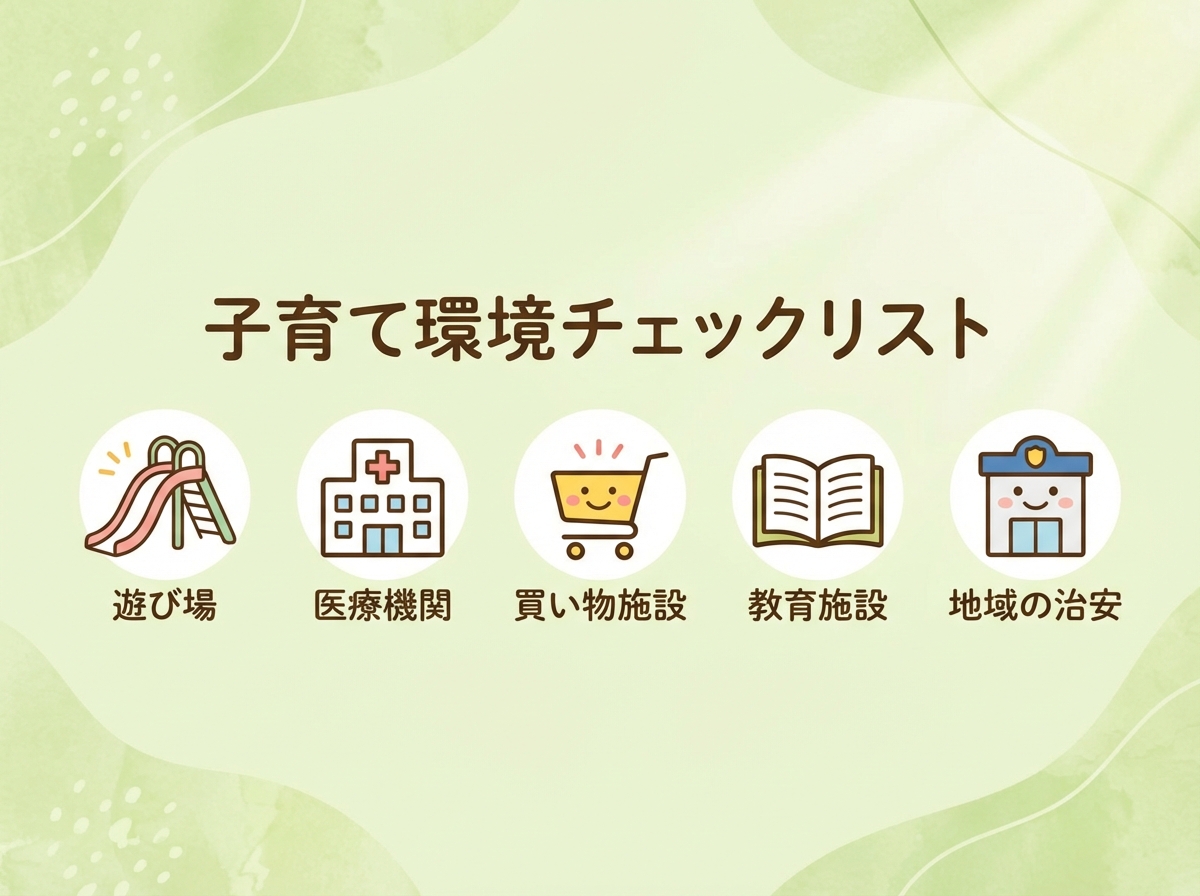 子育て世帯が土地探しで確認すべき周辺環境のチェックリスト。遊び場、医療機関、買い物施設、教育施設、地域の治安という5つの項目がアイコンと共に描かれている。