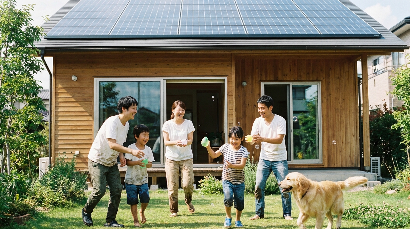 太陽光パネルが設置された新築のZEH住宅の庭で、笑顔で過ごす若い4人家族。可児市の助成金を活用した幸せな暮らしをイメージさせます。