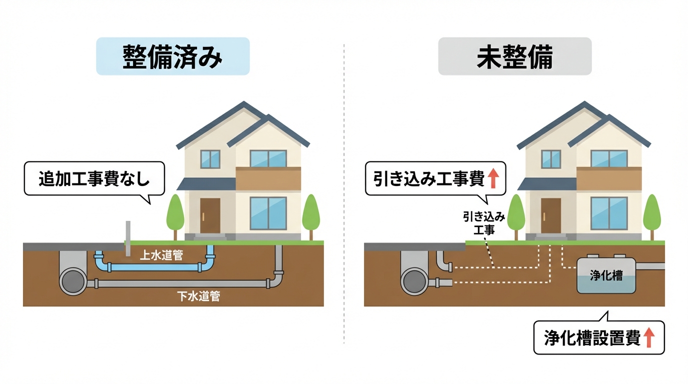 土地のインフラ整備状況の比較図解。「整備済み」の場合は追加費用が少ないが、「未整備」の場合は引き込み工事や浄化槽設置で追加費用がかかることを示している。