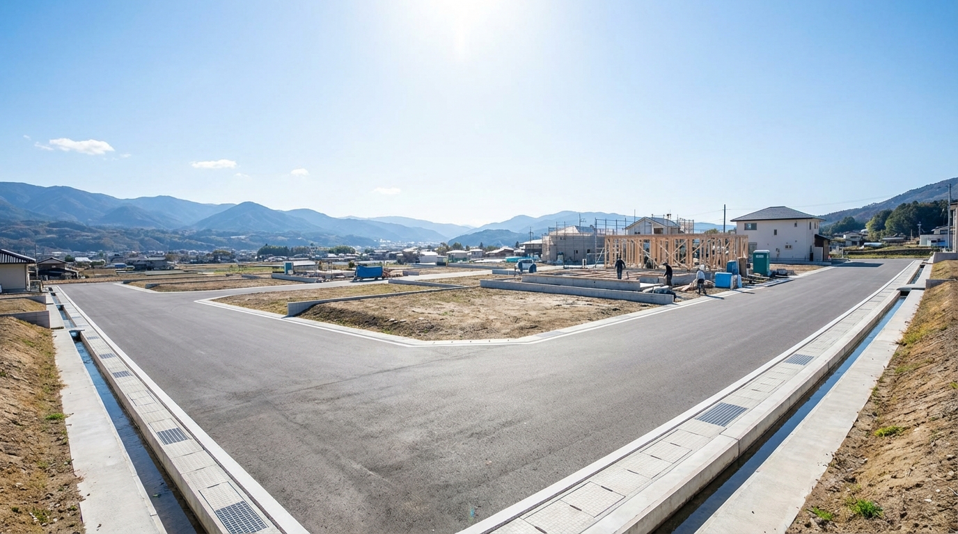 きれいに造成された完成宅地。すぐに家を建てられる状態の土地が青空の下に広がっている。